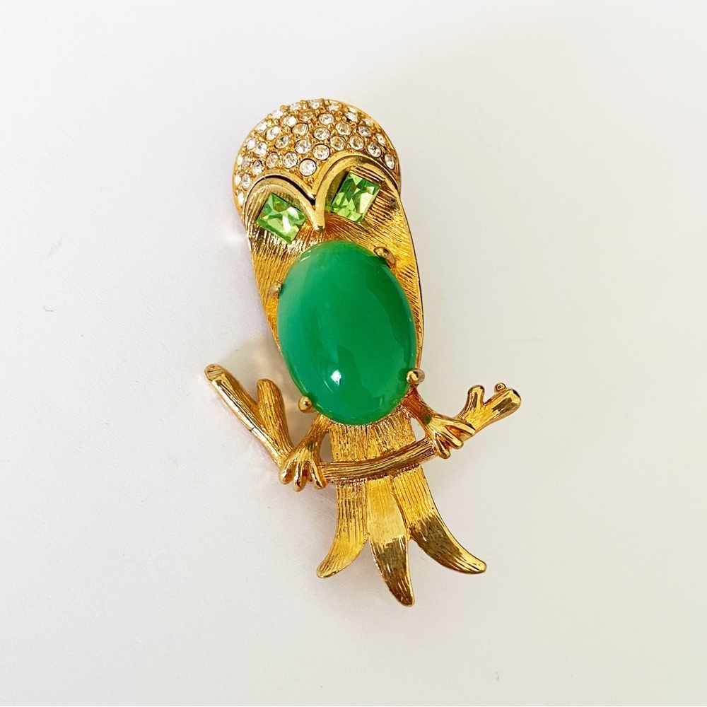 Vintage jelly belly gold owl green rhinestone brooch